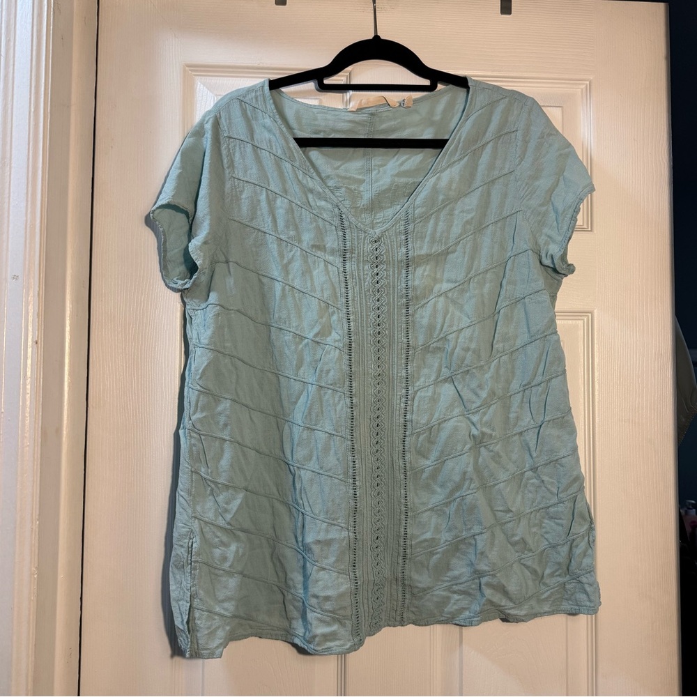 Soft Surroundings Aqua Cotton Gauze Pintuck Boho Blouse Large